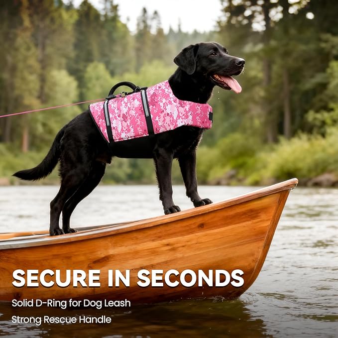 VIVAGLORY Rip Stop Dog Life Vest, Swimming Vest with Handle, Buoyancy for Doggy Puppy, Dog Life Jacket for Swimming & Boating, S, Camo Pink