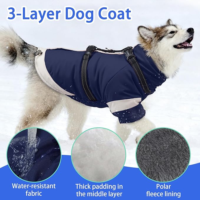 MIGOHI Reflective Dog Winter Coat,Warm Dog Jacket With Harness,Fleece Jacket for Large Dogs,Waterproof Pet Puffer Jacket Snowsuit,Windproof Pet Clothes for Cold Weather,Australian Shepherd,XL,NavyBlue