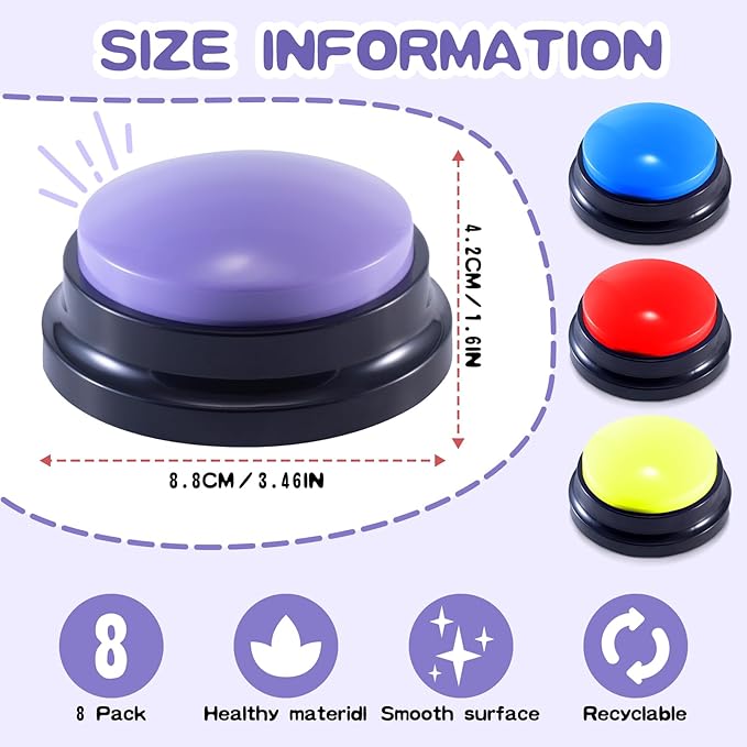 8 Pieces Voice Recording Button Dog Buttons for Communication Pet Training Buzzer Recordable Answer Buzzers Button Game Show Buzzers Funny Gift for Family Study Office Home Trivia Nights