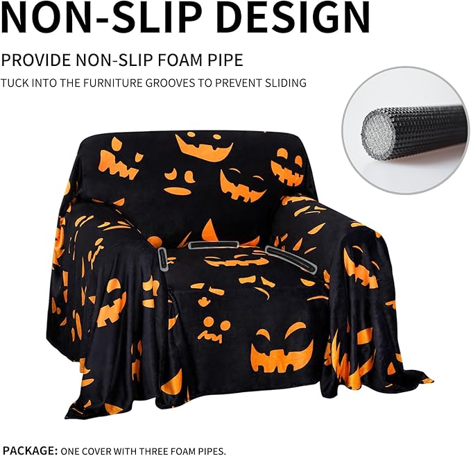 Easy-Going 80X102 inches Halloween Chair Sofa Cover, Jacquard Velvet Couch Slipcover for 1 Cushion Couch, L Shape Sectional Covers for Dogs, Washable Sofa Blanket, Furniture Protector