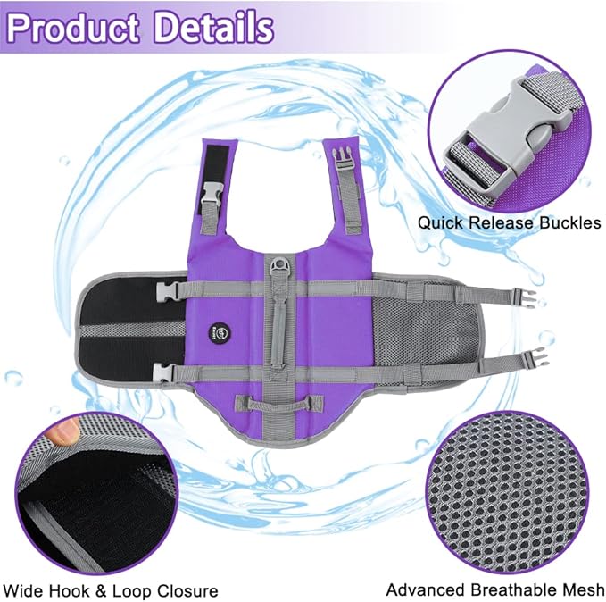 EMUST Dog Life Jacket, Lightweight Dog Life Vests with Rescue Handle for Small Medium and Large Dogs, Pet Safety Swimsuit Preserver for Swimming Pool Beach Boating, 2XL, Purple