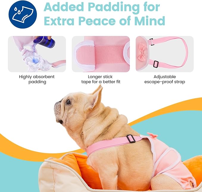 Avont 3 Pack Frenchie Dog Diapers Female, Washable Reusable Girl Doggie Pants for Period Heat Cycle, Full Body Cover Onesie with Adjustable Straps -Pink/Purple/Blue XL