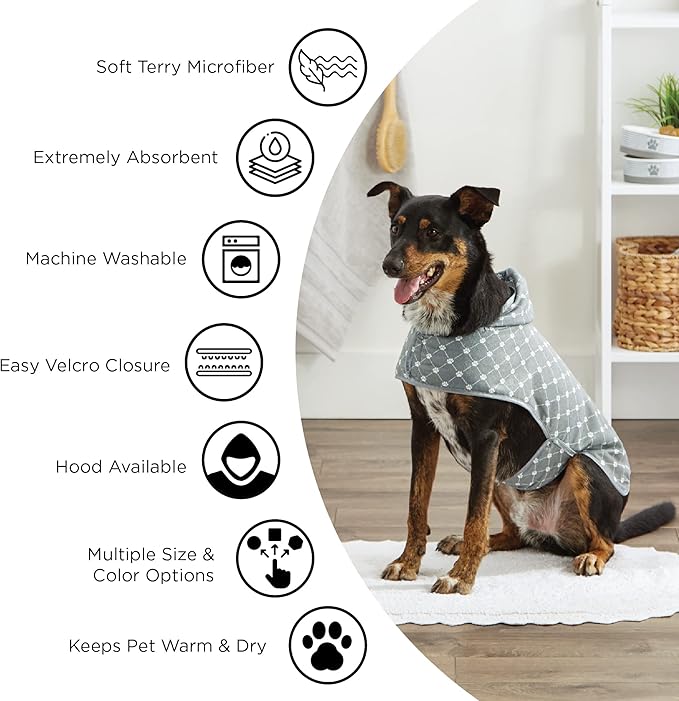 Bone Dry Pet Robe Collection, Embroidered Absorbent Microfiber Bath Robe with Adjustable Closure, for Dogs & Cats, Large, Lettuce Green