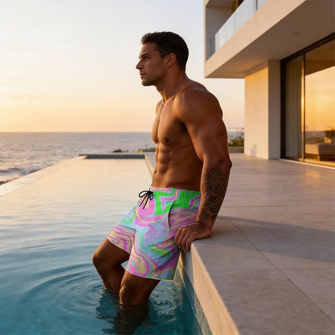 Mens Swim Trunks with Compression Liner Quick Dry Zipper Pocket Bathing