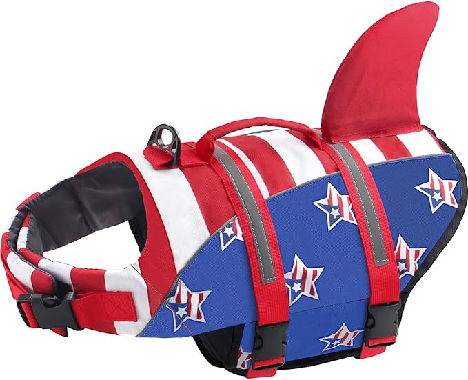Dog Life Jacket, American Flag Ripstop Shark Dog Life Vest for Swimming & Boating, High Buoyancy Reflective Pet Vest with Rescue Handle, for X-Small/Medium/Large/X-Large Dogs (USA Flag, XS)