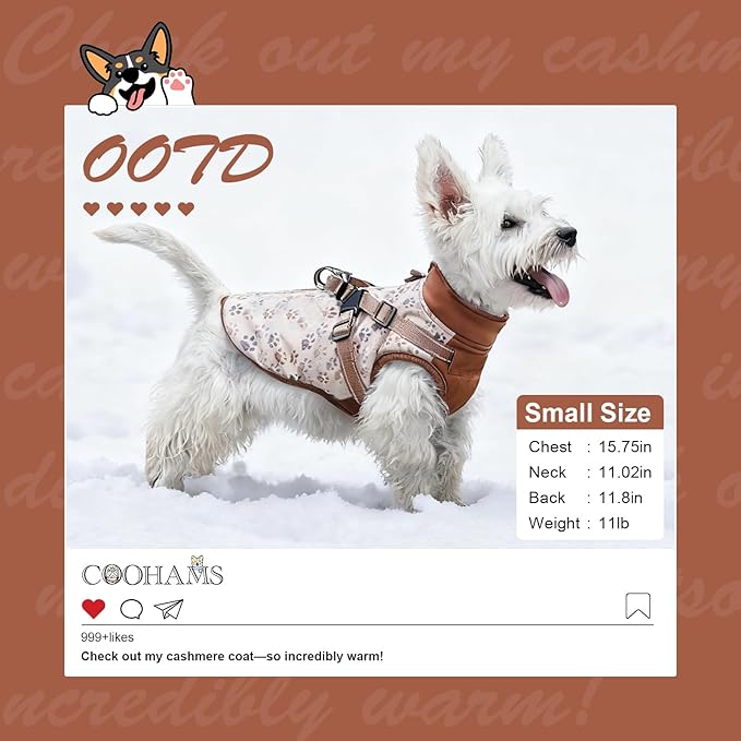 Dog Winter Coat for Small & Medium Dogs, Waterproof Dog Coat with Harness, Puppies Windproof Puppy Puffer Jacket, Snowsuit for Dachshund, Frenchie, Corgi (Paw Brown,2XL)