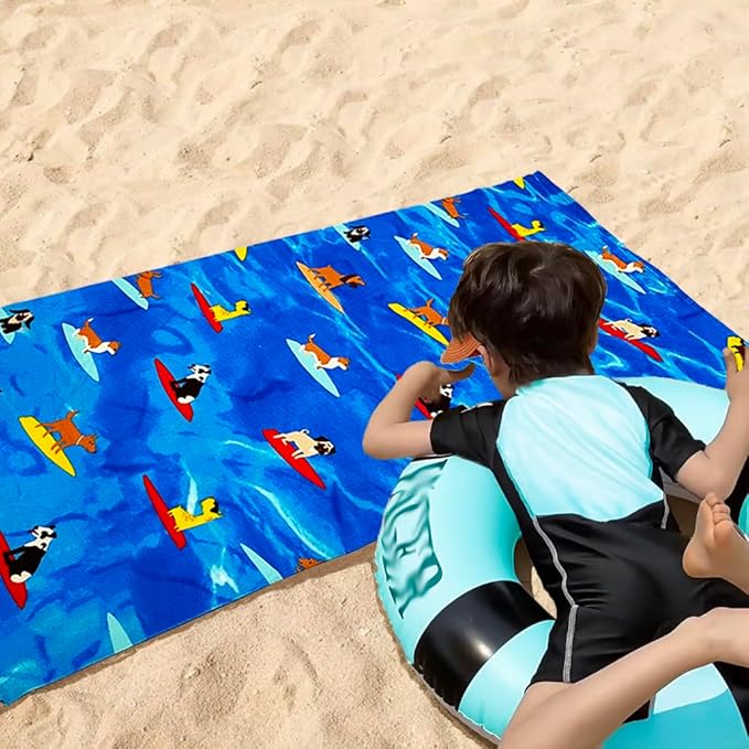 YIFONTIN Microfiber Beach Towels Velour Throw Blanket Super Soft Absorbent 27.5"x55" for Kids Bath Camping Swimming Pool Sports, Puppy Surfing.