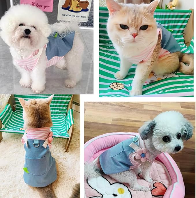 ANIAC Denim Small Puppy Dress 3D Flowers Girl Dog Clothes with D-Ring and Pocket Striped Female Cat Harness Dresses Shih Tzu Yorkies Chihuahua Outfits Summer Pet Clothing (X-Large, 3D Pink Flowers)