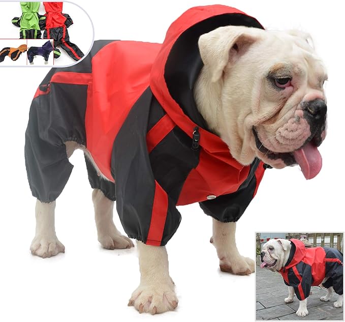 Lovelonglong American Bully Pitbull Dog Hooded Raincoat, Bulldog Rain Jacket Poncho Waterproof Clothes with Hood Breathable 4 Feet Four Legs Rain Coats for Pugs English French Bulldog Red B-M
