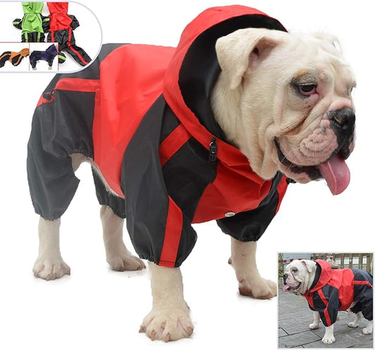 Lovelonglong American Bully Pitbull Dog Hooded Raincoat, Bulldog Rain Jacket Poncho Waterproof Clothes with Hood Breathable 4 Feet Four Legs Rain Coats for Pugs English French Bulldog Red B-M