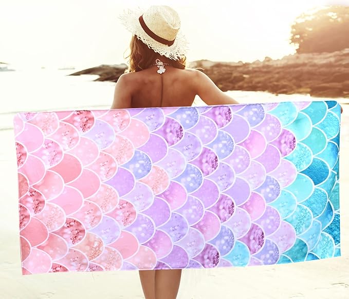 LIVILAN Little Mermaid Beach Towel, 30" x 60" Soft Microfiber, Quick Dry, Absorbent, Sand Free, Lightweight for Kids, Girls, Women, Ideal for Pool, Travel, Bath, Perfect Mermaid Gifts