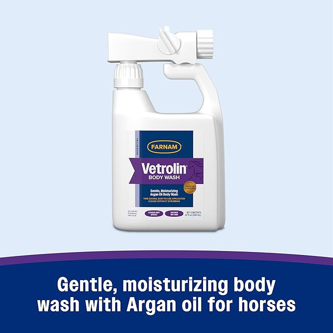 Farnam Vetrolin Body Wash, Time-Saving with No Scrubbing, Gentle and Moisturizing with Argan Oil, Soothes Dry Skin, for Horses and Dogs, 32 fl oz.
