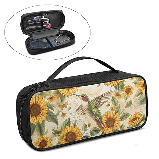 Gomyblomy Sunflower Hummingbird Stethoscope Case Stethoscope Bag with Extra Pocket for Nurse and Doctors Accessories, Vintage Stethoscope Holder for Business Travel