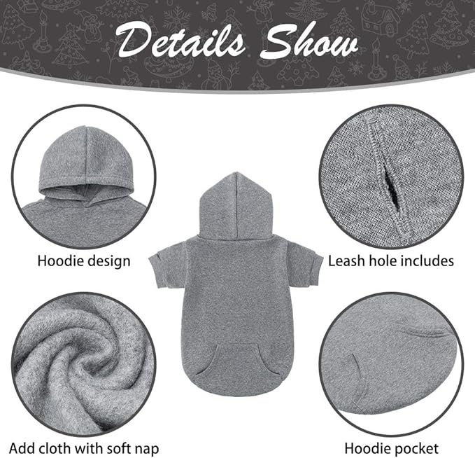 KOOLTAIL Dog Hoodie for Small Medium Dogs Cats, Soft and Warm Pet Sweater with Leash Hole and Pocket Boy Girl, Puppy Fall Winter Jacket Clothes, French Pitbull Cold Weather Coat Sweatshirt, Grey XS
