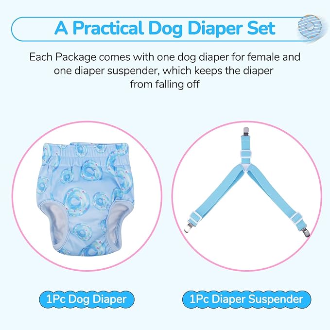 Dog Diapers Female with Suspender, Reusable Dog Diaper Female, Washable Doggie Diapers for Medium Doggy in Heat Cycle Period Incontinence, Boston Terrier, Pug (Blue M)