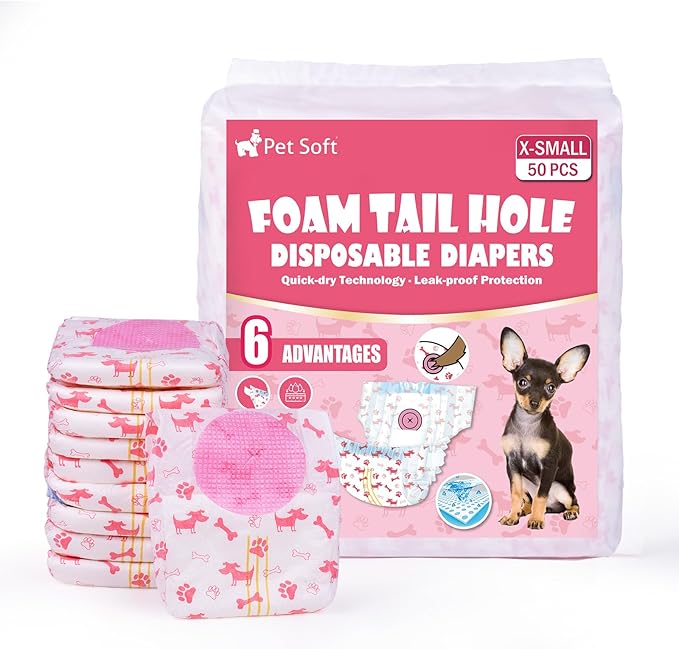 Pet Soft Disposable Dog Diapers - Female Dog Diapers with Adjustable Foam Tail Hole, Ultra Protection Puppy & Cat Diapers Wetness Indicator for Dogs in Heat or Incontinence,50pcs (XS,Red)