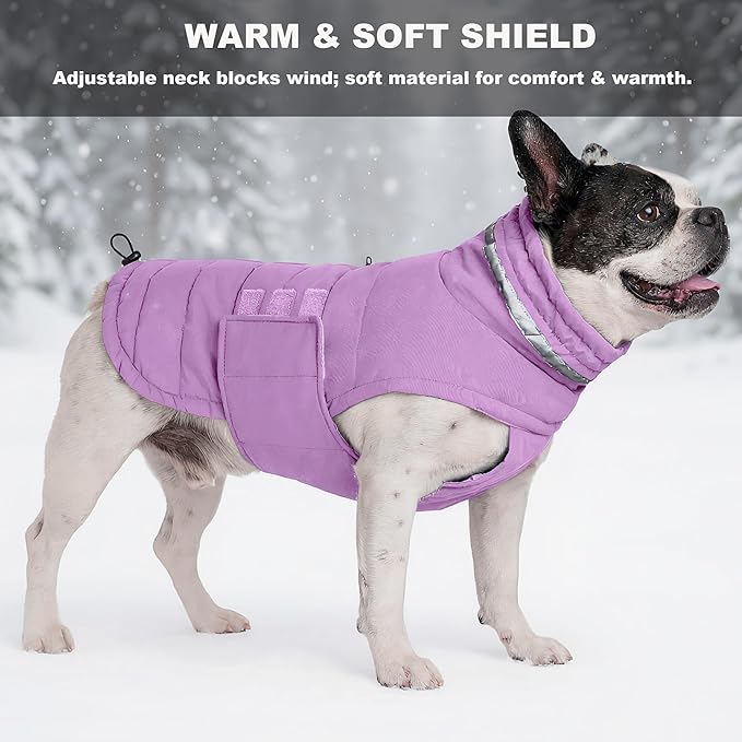Mklhgty Waterproof Dog Coat for Medium and Large Dogs, Warm Dog Winter Jacket, Reflective Windproof Turtleneck Coats with Adjustable Hook & Loop - Lilac - L