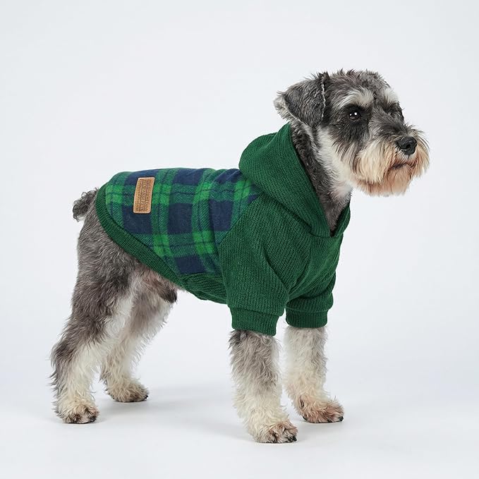 Fitwarm Tartan Plaid Dog Hoodie, Knitted Dog Clothes for Small Dogs Boy, Pet Sweater with Hood, Cat Winter Outfit, Green, XXL
