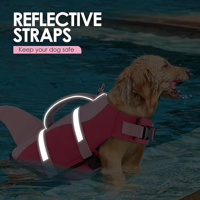AOFITEE Dog Life Jacket, Dog Life Vest for Swimming, Shark Dogs Swimming Vest with Rescue Handle and Reflective Stripe, Ripstop Pet Float Coat Swimsuit Lifesaver Small Medium Large Dogs Pink XS