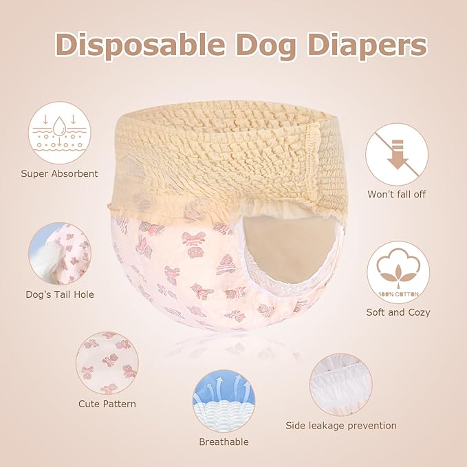 Ambreview Dog Diapers Female, Disposable Diapers for Female Dog with Stretchy Waist, Pull Up Puppy Wraps for Doggie in Heat Period Super Absorbent Leak-Proof Doggy Diaper for Dogs 30PCS (XS)