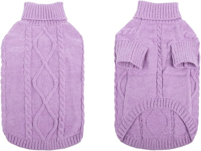 Queenmore Small Dog Pullover Sweater, Cold Weather Cable Knitwear, Classic Turtleneck Thick Warm Clothes for Chihuahua, Bulldog, Dachshund, Pug (Lilac, X-Large)