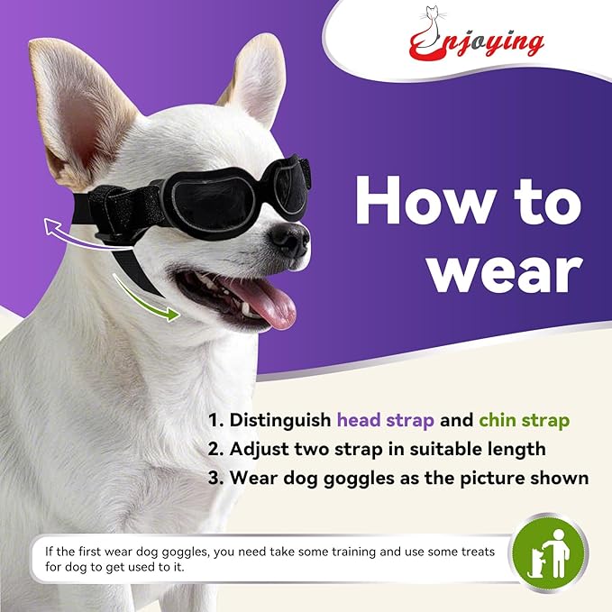 ENJOYING Dog Sunglasses Small Breed, Anti-UV Puppy Goggles for Small Dogs, Windproof Outdoor Dog Eye Protection for Driving Biking, Adjustable Head Straps, Cool Black