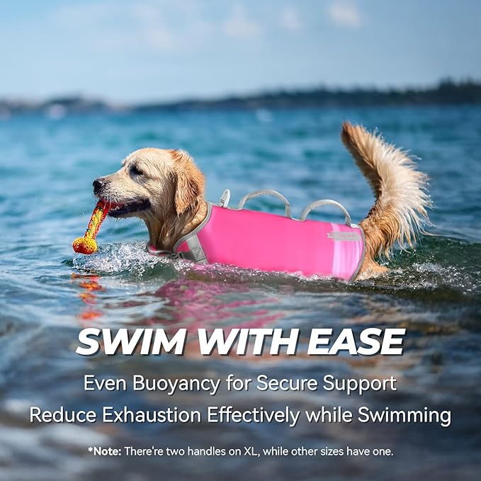VIVAGLORY Neoprene Dog Life Vest, Dog Life Jacket for Swimming & Boating, Lightweight & Buoyancy for Puppy Doggy, Swimming Vest with Handle, M, Raspberry Pink