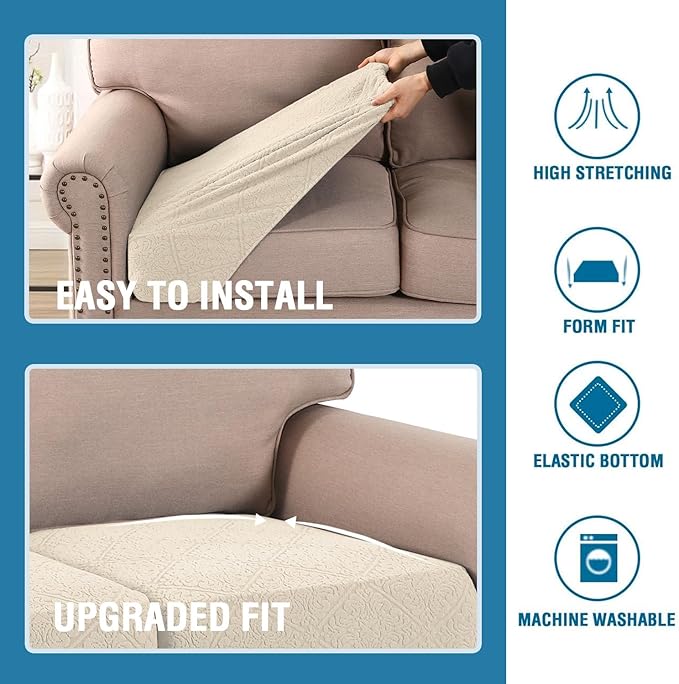 H.VERSAILTEX Jacquard Couch Cushion Covers High Stretch Sofa Covers for 3 Cushion Couch Furniture Protector Spandex Anti-Slip Soft Thickened Slipcovers Damask Pattern(3 Seat Covers, Ivory)