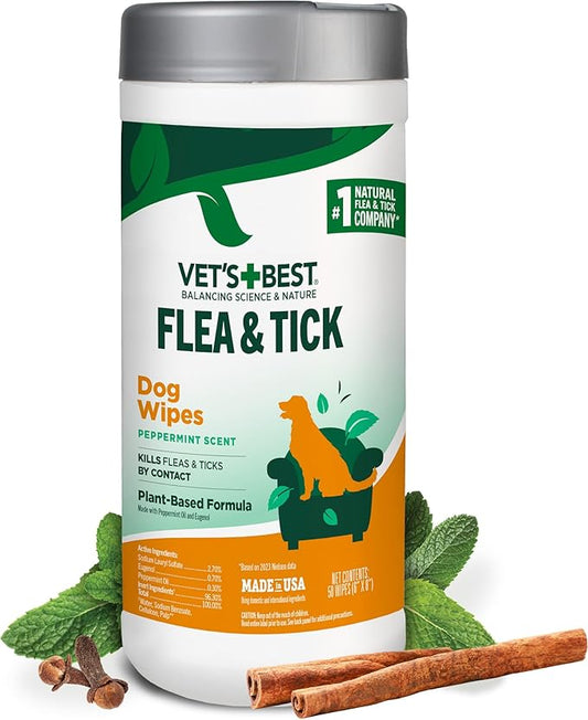 Vet's Best Natural Flea and Tick Wipes for Dogs – Natural Plant-Based Wipes for Flea and Tick Prevention – Certified Essential Oils – Pest Control for Kennels and Home Use – Made in USA – 50 Count