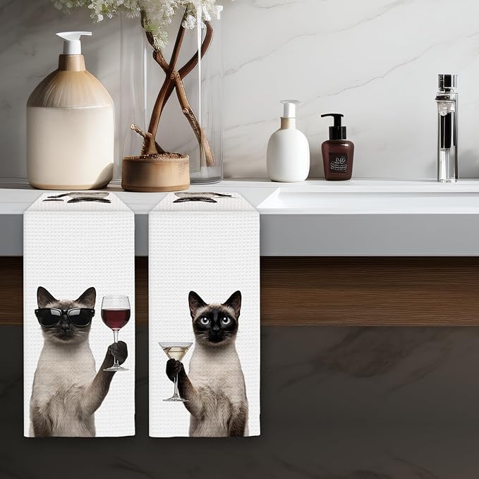 Siamese Cat Gifts Wine Kitchen Towels Set of 2, Funny Cats Martini Lover Decorative Hand Dish Towel for Kitchen Home Bar, Gift for Siamese Cat Martini Wine Lovers Home Bar Decor(16x24Inch)