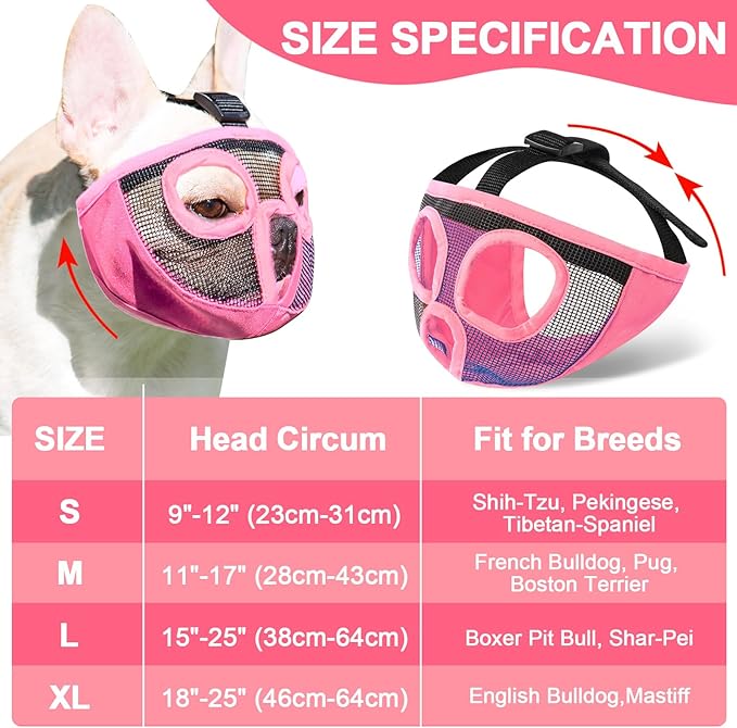 Short Snout Dog Muzzles- Adjustable Breathable Mesh Bulldog Muzzle for Biting Chewing Licking Training Grooming Dog Mask (Pink, Small/9"-12")
