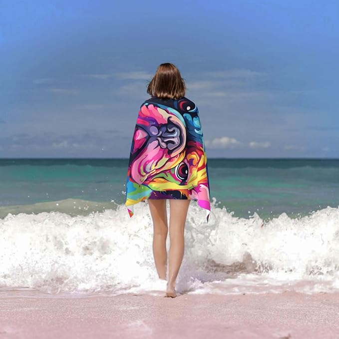 Colorful Pug Beach Towel Dog Sand-Free Microfiber Bath Towel Ultra Soft Quick Dry Pool Towel Absorbent Towel Lightweight Towel for Outdoor Bathroom Swimming Decor 31inx51in