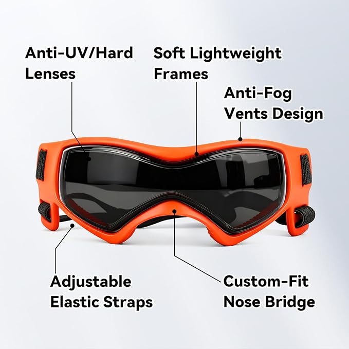 Enjoying Dog Sunglasses Medium Breed, Dog Goggles UV Protection, Cycling Eye Protection for Medium-Small Dogs, Outdoors Breathable Windproof Dustproof Anti-Fog, Adjustable Straps, Cool Orange