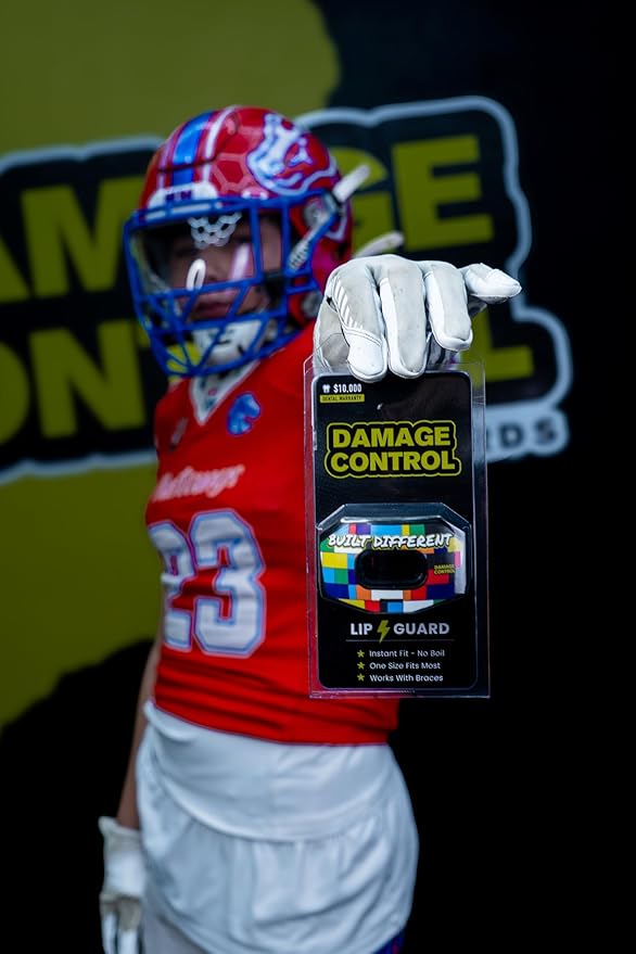 DAMAGE CONTROL Youth Football Mouth Guard – Breathable No Boil Mouthpiece, Protects Lips & Teeth, Works with Braces, Includes Helmet Strap – Sports Gear & Accessories (Built Different)