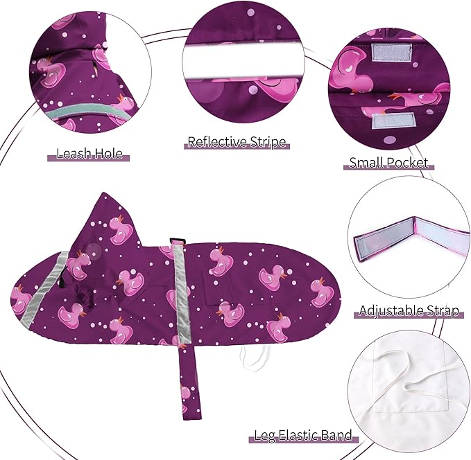 DELIFUR Large Dog Raincoat - Waterproof Dog Rain Poncho Adjustable Double Layer Rain Jacket with Hood for Medium Large Dogs Designed with Leash Hole Reflective Strip (Purple Duck, Large)