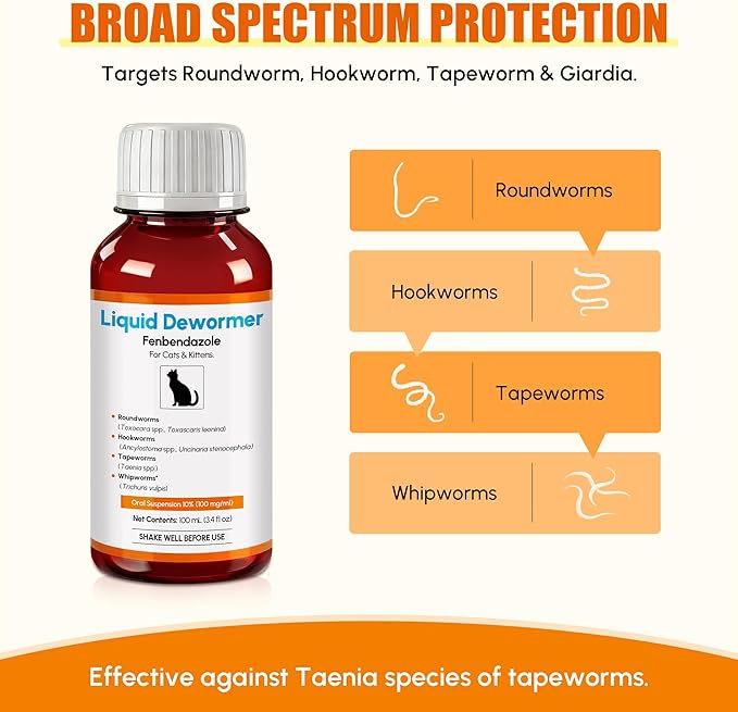 Dewormer for Cats & Kittens Fenbendazole Liquid - Broad Spectrum Suspension - Easy to Mix with Food - Removes Roundworm, Hookworm, Tapeworm - Includes 3ml Dosing Syringe (100ml)