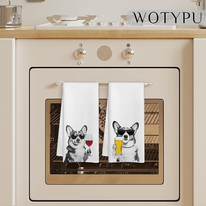 Funny Corgi Kitchen Bar Towels, Corgi Gifts for Corgis Lovers, Wine Beer Lovers Gifts Decorative Hand Towels for Kitchen Bar Cart Decor, 16x24 Inch Set of 2