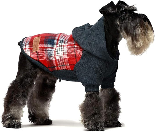 Fitwarm Tartan Plaid Dog Hoodie, Knitted Dog Clothes for Small Dogs Boy, Pet Sweater with Hood, Cat Fleece Lined Winter Outfit, Red, Navy Blue, XL