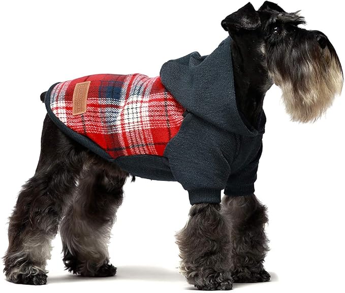 Fitwarm Tartan Plaid Dog Hoodie, Knitted Dog Clothes for Small Dogs Boy, Pet Sweater with Hood, Cat Fleece Lined Winter Outfit, Red, Navy Blue, Small
