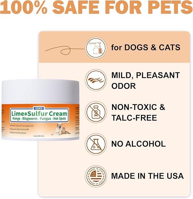 ZOXY Lime Sulfur Cream, Mange Treatment Dogs, Ringworm Treatment for Cats & Dogs, Soothes Itchy, Dry, Inflamed Skin, Promotes Hair Regrowth, Low Odor, No Rinse Needed, 2oz