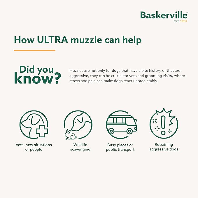 Baskerville ULTRA Muzzle - Patented Humane Design, Breathable, Dog can Pant and Drink, Adjustable, Padded, Dog Training Muzzle for Large Dogs, Prevents Biting, Wildlife Scavenging (Size 6, Black)