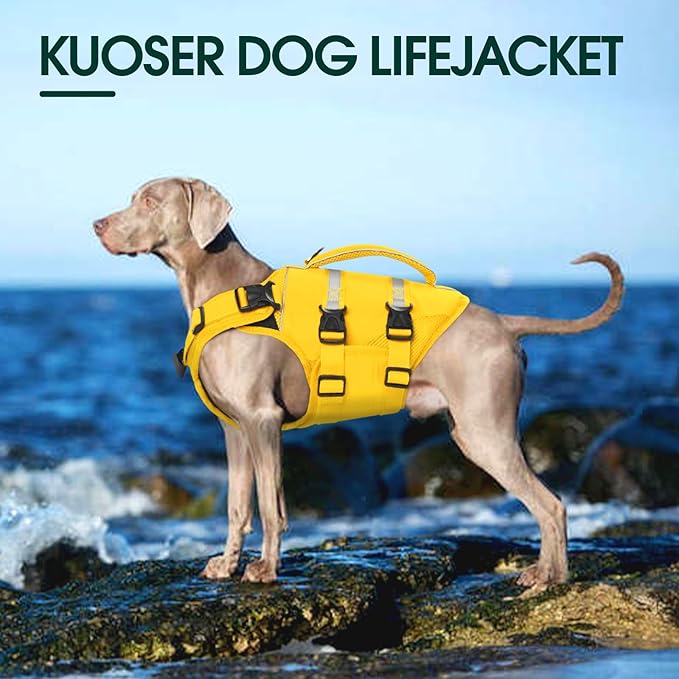 Kuoser Dog Life Jacket, High Flotation Dog Life Vest for Swimming Boating, Adjustable Ripstop Pet Lifesaver for Small Medium and Large Dogs, Reflective Safety Puppy Swimming Vest with Rescue Handle