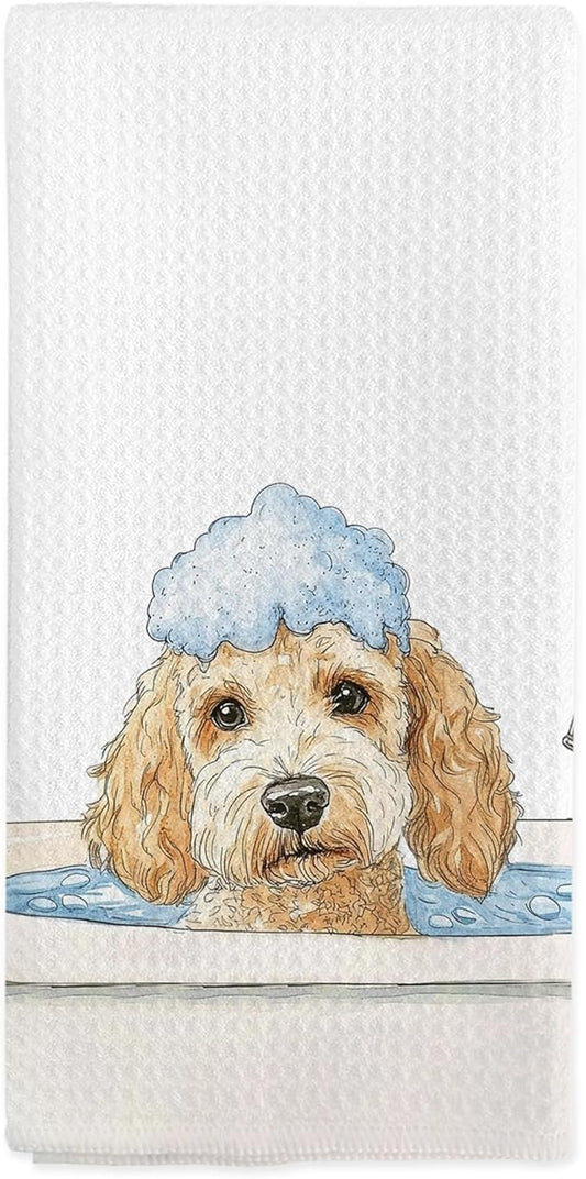Funny Goldendoodle Dog Gifts Bathroom Hand Towels, Goldendoodle Dogs Dish Tea Towels, Cute Golden Doodle Dog in Bathtub Hand Towel for Toilet Kitchen Restroom Decor, 16x24 Inch