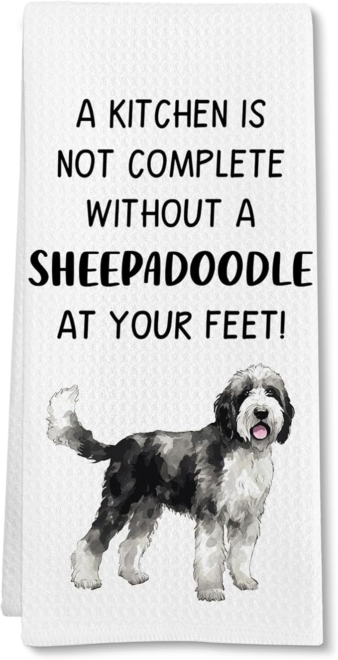 Sheepadoodle Gifts Dog Kitchen Towels, Gifts for Sheepadoodles Lovers Women Hand Towel, A Sheepadoodle at Your Feet Decorative Tea Dish Towels for Kitchens, Dog Owners Kitchen Decor, 16x24in