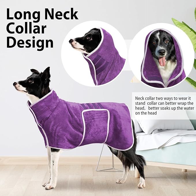 Dog Bathrobe Towel Dog Drying Coat - Super Absorbent Towels Bath Robe for Dogs Large, Soft Adjustable Collar & Belly Strap Fast Drying Coat Pet Cat Bath Robe (Violet, Medium)