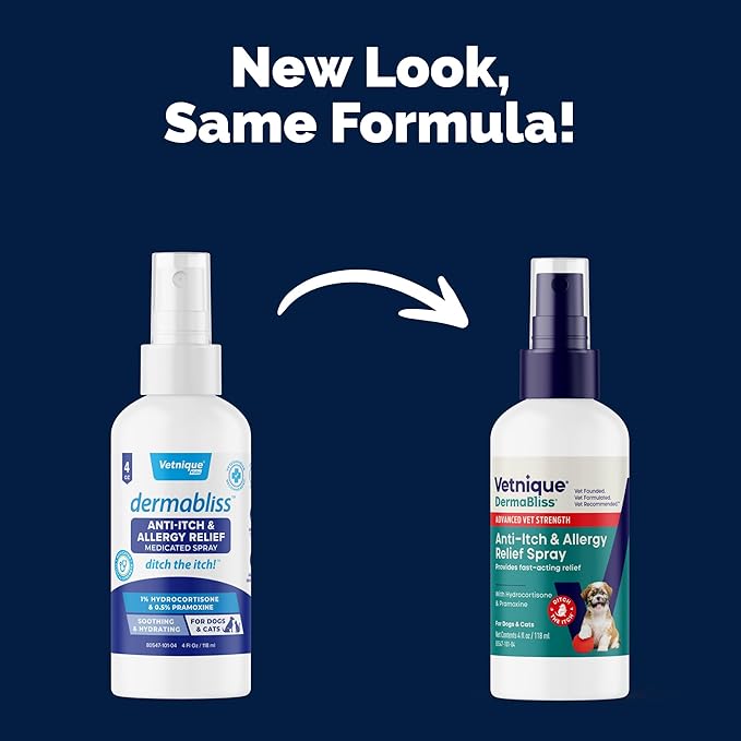 Vetnique Dermabliss Anti Itch Spray for Dogs & Cats with Hydrocortisone for Allergies and Immediate Dog Itching Skin Relief - Fragrance Free with Soothing Oat Extract (4oz)