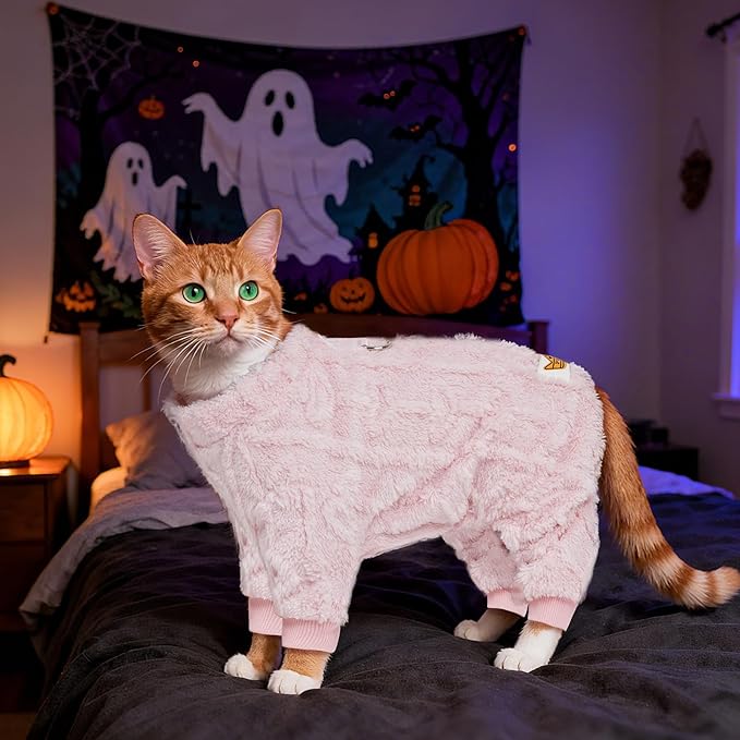 Plush Dog Pajamas for for Small Dogs Cats, Dog Sweater with Leash Ring Ultra Soft Warm Pet Clothes Puppy Onesie Outfits Doggy Pjs Jumpsuit for Winter Christmas (Pink, Large)
