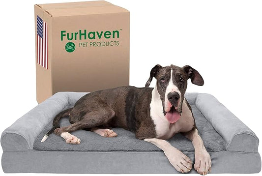 Furhaven Memory Foam Dog Bed for Large Dogs w/ Removable Bolsters & Washable Cover, For Dogs Up to 125 lbs - Plush & Suede Sofa - Gray, Jumbo Plus/XXL