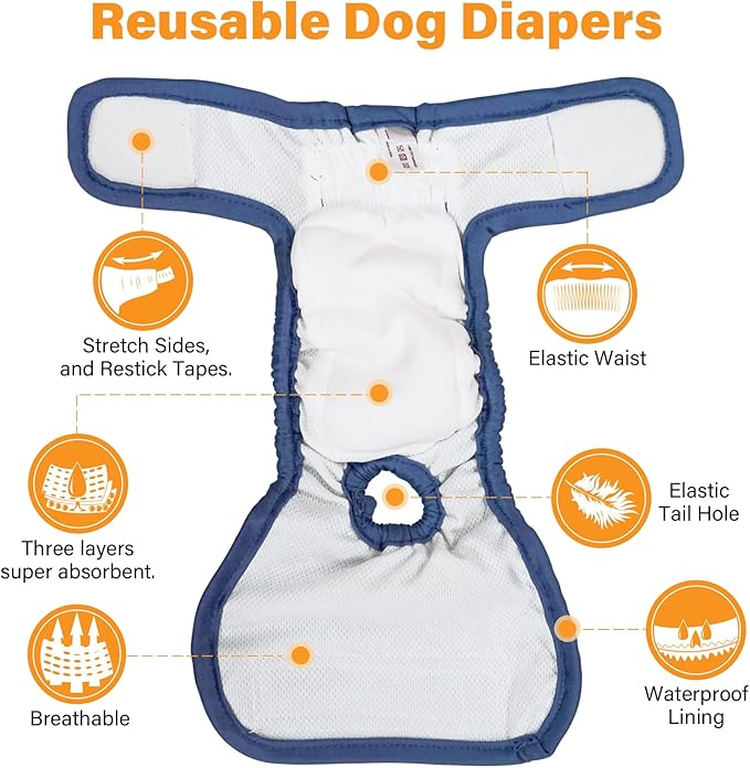 Washable Female Dog Diapers 3 Pack Premium Reusable Diapers for Dog in Heat - Highly Absorbent for Untrained Puppies, Dogs in Heat, Doggie Menstrual and Incontinence M - C