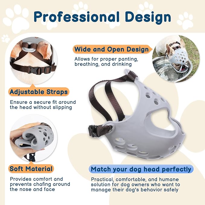 BARKLESS Dog Muzzle for Short Snout, Soft English Bulldog Muzzle for Biting, Chewing, Licking, Flat-Faced Bulldog Mouth Guard for Aggressive Dogs Grooming Walking, Allows Drinking